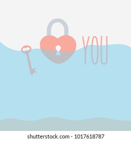 simple padlock lock of love cartoon on a in the water & one key. bottom sea vector concept creative. locked lock heart shape isolated flat design for couple for wedding card & valentines day