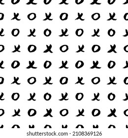 Simple pintura vectorial XO patrón transparente. Palabra escrita a mano para el día de San Valentín. Caligrafía moderna del pincel negro. Doodles de tinta hipster de moda. Fondo de color gris moderno para el diseño web textil, impreso. 