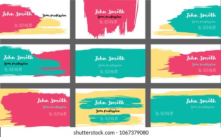 Simple Painted Business Cards Vector Templates. Funky Paint Brush Strokes Cool Banners Set. Creative Modern Grungy Retro Graphic Ads Backgrounds. Hipster Stripes Business Cards Vector Template.
