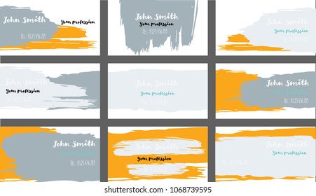 Simple Painted Business Cards Vector Templates. Branding Paint Brush Strokes Banners Set. Creative Elegant Grungy Retro Corporate Identity. Funky Hipster Business Cards Vector Template.