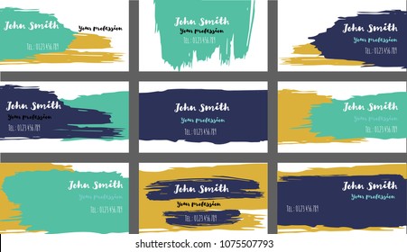 Simple Painted Business Cards Vector Templates. Natural Paint Brush Strokes Cool Banners Set. Creative Elegant Grungy Retro Corporate Identity. Funky Strokes Business Cards Vector Template.