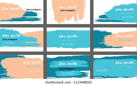 Simple Painted Business Cards Vector Templates. Ink, Oil Paint Brush Strokes VIP Banners Set. Creative Modern Grungy Retro Corporate Identity. Funky Hipster Business Cards Vector Template.