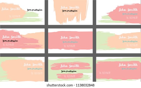 Simple Painted Business Cards Vector Templates. Natural Paint Brush Strokes Cool Banners Set. Creative Elegant Grungy Retro Corporate Identity. Hipster Stripes Business Cards Vector Template.