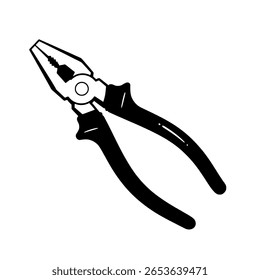 A simple pair of combination pliers in a solid black icon style. A minimalist hand tool for a workshop, DIY projects, or repairs.
