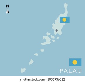 Simple vector de mapa de la isla Palau con bandera del país y lugar del aeropuerto.Para elementos de viaje o diseño.