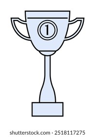 Uma taça de troféu azul pálido, simples, indicando a conquista do primeiro lugar. Ideal para prêmios, competições, sucesso, vitória e temas de reconhecimento. Estilo de vetor minimalista.