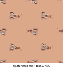 Simple pale seamless pattern with folk insects ornament. Hand drawn moles silhouettes artwork in beige tones. Decorative backdrop for wallpaper, textile, wrapping, fabric print. Vector illustration.