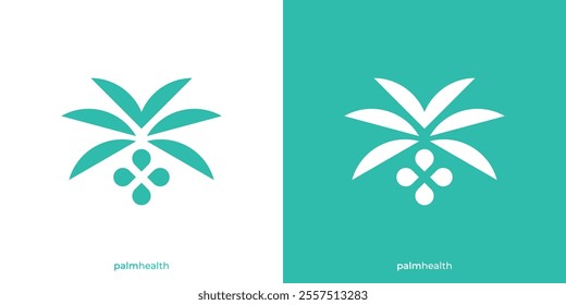 Simple Palm Health Logo. Palm Leaf and Plus Medical Icon Graphic. Palm Tree Logo Design Template.