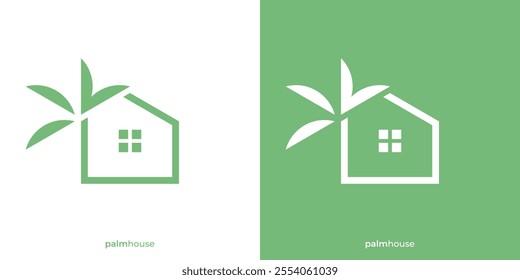 Simple Palm House Logo. House, Home and Palm Tree Icon Graphic. Tropical Resort Logo Design Template.