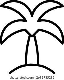 A simple palm tree icon, isolated on a white background, represents a tropical plant with a single trunk and a crown of large leaves, often found on beaches.