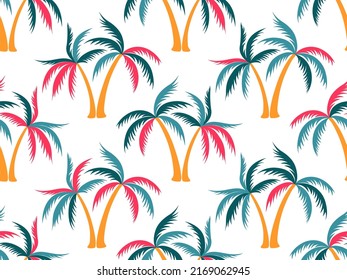 Simple palm tree seamless pattern vector design. Tropical island plants fabric ornament. Coconut palm tree silhouettes on white. Paradise rapport. Fashion textile print.