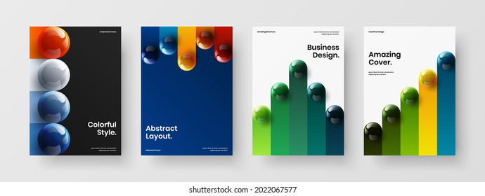 Simple pamphlet vector design concept composition. Multicolored realistic spheres book cover template collection.