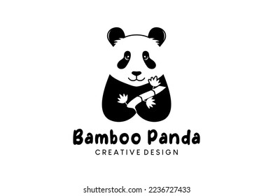 Simple panda hugging bamboo icon logo design, vector illustration