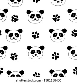 Simple Panda pattern. White background, cute Panda faces and paw marks. The print is well suited for textiles,postcards,Wallpaper,packaging and banners.