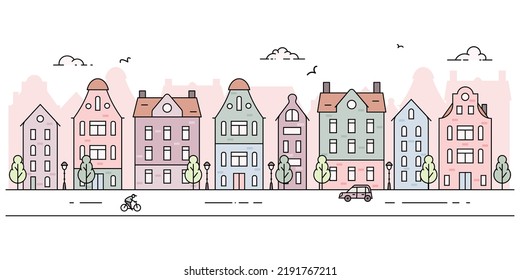 Simple panorama of european town landscape with old buildings. Vector illustration in line flat style