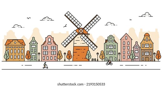 Simple panorama of european town landscape with windmill and old buildings. Vector illustration in flat style