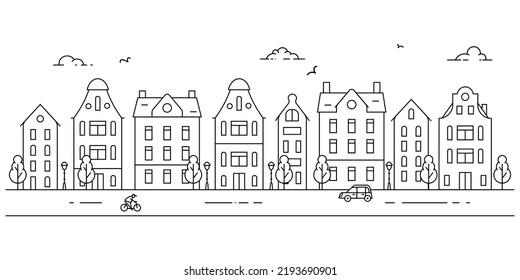 Simple panorama of european town landscape with old buildings. Coloring page. Black and white vector illustration in outline flat style