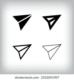 Conjunto de iconos de avión de papel simple. 4 Diferentes espesores y diseños de planos y mensajes. Comunicación e icono global.