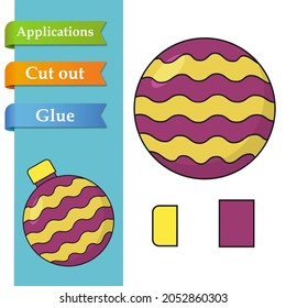 Simple paper application of cartoon Christmas ball toy. Use scissors cut parts of Ball and glue on the paper. Education logic game for kids to help with cutting, sticking and learning about New Year.