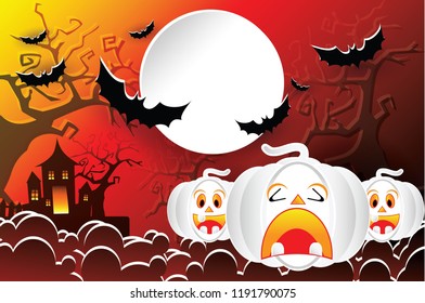 Simple paper art style of pumpkins at night with haunted house and bats on background, Halloween concept