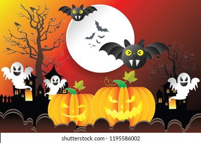 Simple paper art style of pumpkins at night with ghost and bats on background, Halloween concept