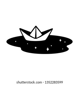 Simple paper boat in puddle, black and white drawing. Isolated vector illustration.