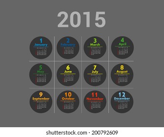 Simple paper calendar 2015 in circle composition. Original template with different color elements.Vector conception of time managing. Illustration for printing on sleek material.