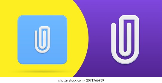 Simple paper clip button logo 3d icon vector illustration. Metallic stationery equipment office supply important document attached. Chrome metallic or steel tools accessory paperclip for storage page