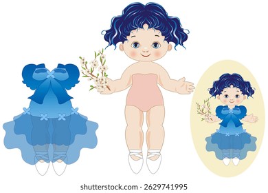 Simple paper doll to cut out to play with blue dress with transparencies