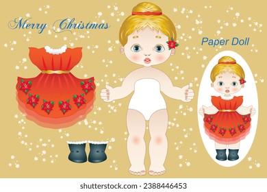 Simple paper doll for girls to cut out and dress up with Christmas dresses