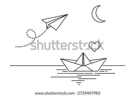 Simple paper plane and boat illustration with moon and heart