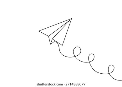 Simple paper plane one line art minimal outline on white background
