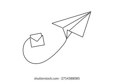 Simple paper plane one line art minimal outline on white background
