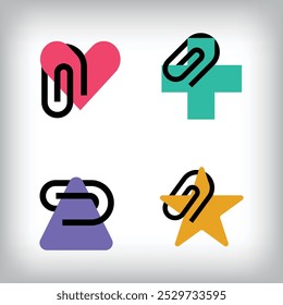 Simple paperclip icon, heart, star, health plus and triangle sign logo design sign. Different and colorful design icon.