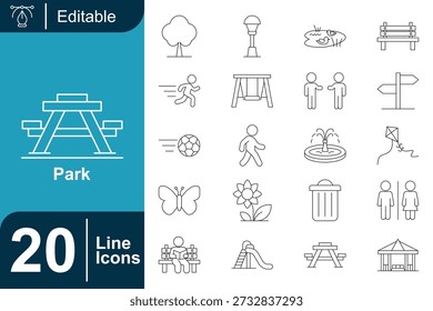 Simple park icon set showing outdoor activities, playgrounds, nature elements, and public facilities. Outline vectors with clean strokes, ideal for maps, recreation guides, and environmental design projects.