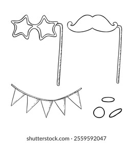 Simple party accessories black and white vector illustration. Photo booth stars and mustache, round confetti and triangle flags line ink drawing. Holiday and celebration decorations set