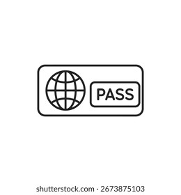 A simple passport icon design featuring a globe and the word PASS, representing international travel, identification, and official documentation. Vector illustration.