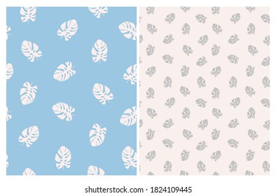 Sencilla hoja azul pastel de Monstera aislada en un fondo blanco. Bonito patrón vectorial sin costura con hojas tropicales.