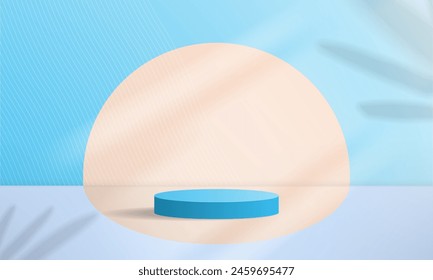 Simple Pastel Blue Studio Interior with empty blue 3d podium. Cool Summer season product display template with strong sunlight and drop shadows of tropical leaves. Vector.