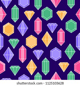 Simple pastel colored diamond crystals on purple seamless pattern, vector