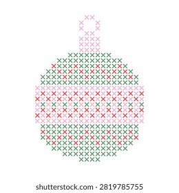 Simple pastel cross stitch embroidery Christmas bauble vector icon, adjustable thickness needlecraft ornament pattern for delicate baby nursery winter decor and cute whimsical scrapbook holiday crafts