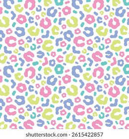 Simple pastel leopard skin print seamless pattern. Cheetah skin flat style background in retro boho colors. Hand drawn gender neutral pastel leopard print background. Cute and fun kids safari design.

