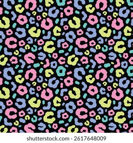 Simple pastel leopard skin print seamless pattern. Cheetah skin flat style background in retro boho colors. Hand drawn gender neutral pastel leopard print background. Cute and fun kids safari design.
