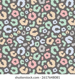 Simple pastel leopard skin print seamless pattern. Cheetah skin flat style background in retro boho colors. Hand drawn gender neutral pastel leopard print background. Cute and fun kids safari design.
