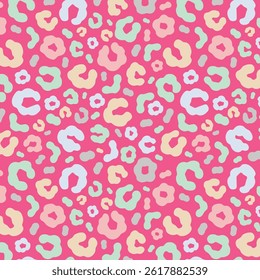Simple pastel leopard skin print seamless pattern. Cheetah skin flat style background in retro boho colors. Hand drawn gender neutral pastel leopard print background. Cute and fun kids safari design.
