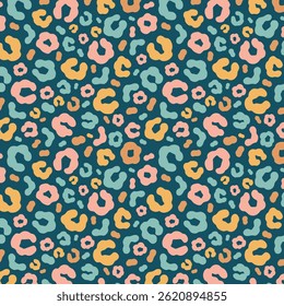 Simple pastel leopard skin print seamless pattern. Cheetah skin flat style background in retro boho colors. Hand drawn gender neutral pastel leopard print background. Cute and fun kids safari design.
