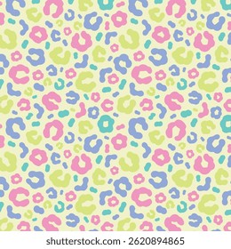 Simple pastel leopard skin print seamless pattern. Cheetah skin flat style background in retro boho colors. Hand drawn gender neutral pastel leopard print background. Cute and fun kids safari design.
