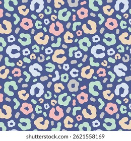 Simple pastel leopard skin print seamless pattern. Cheetah skin flat style background in retro boho colors. Hand drawn gender neutral pastel leopard print background. Cute and fun kids safari design.
