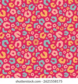 Simple pastel leopard skin print seamless pattern. Cheetah skin flat style background in retro boho colors. Hand drawn gender neutral pastel leopard print background. Cute and fun kids safari design.
