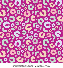 Simple pastel leopard skin print seamless pattern. Cheetah skin flat style background in retro boho colors. Hand drawn gender neutral pastel leopard print background. Cute and fun kids safari design.
